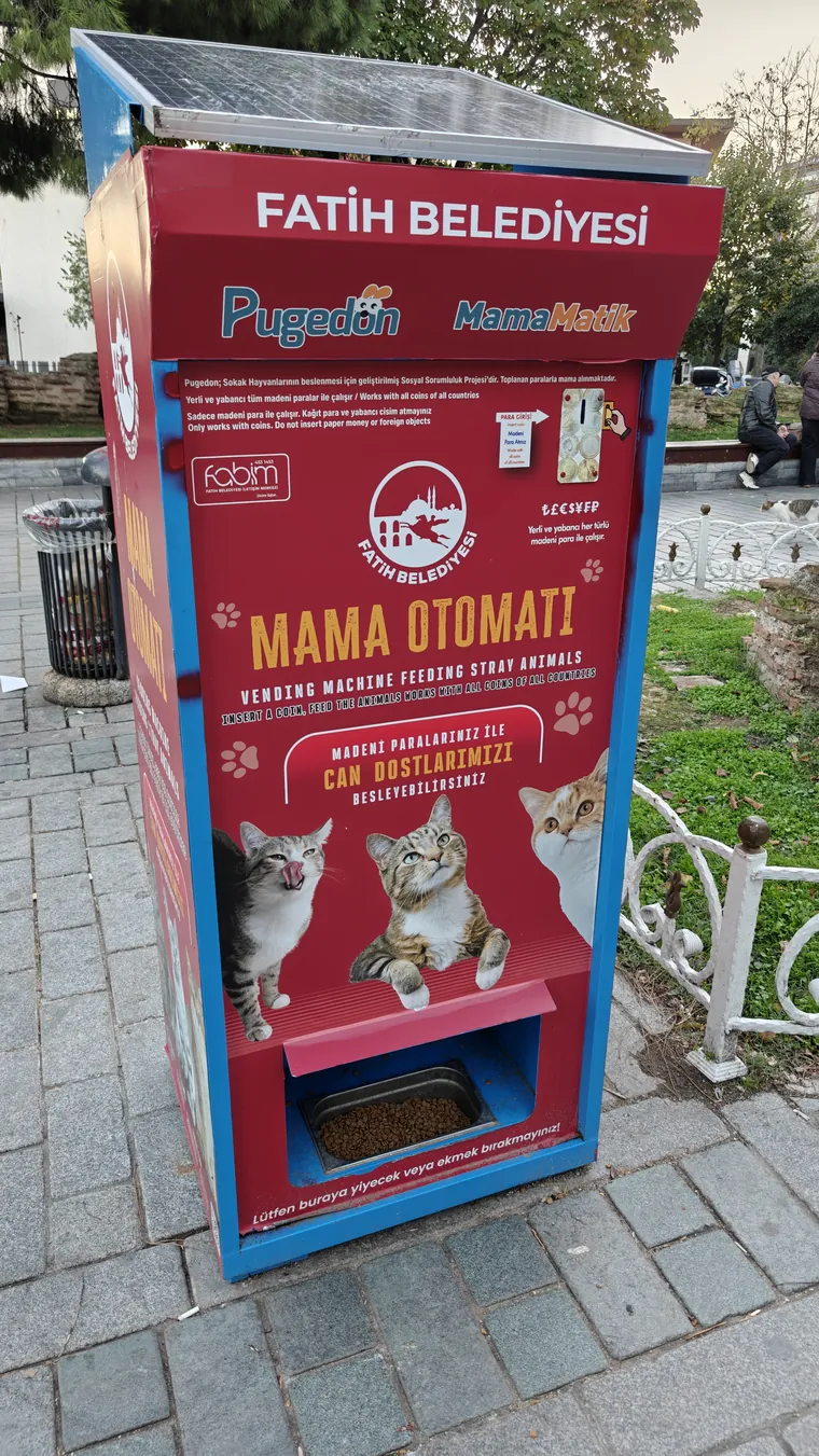 Kommunens fôrautomat for gatedyr, med bilde av katt og hund på fronten